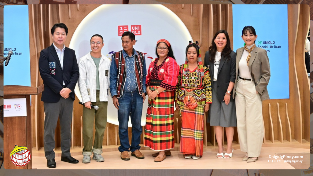 UNIQLO Philippines Chief Operating Officer and Chairman of the Board Osamu Ikezoe, Creative Art Director Wilson Limon, Itneg Schools of Living Tradition in Abra Cultural Master Luis Agaid, Jr., Panay Bukidnon School of Living Tradition in Iloilo Cultural Master Regina Villanueva, T’boli School of Living Tradition in South Cotabato Cultural Master Edna Mofak, UNIQLO Philippines Marketing Director Jan Jizelle Ang,, UNIQLO Geraldine Sia, celebrate the launch of the RE.UNIQLO Special Artisan Patches, showcasing Filipino artistry while creating sustainable livelihood opportunities for artisan communities. 
